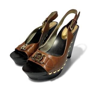 Michael Kors Leather Charm Slingback Open Toe Platform Sandals Brown Gold 8M